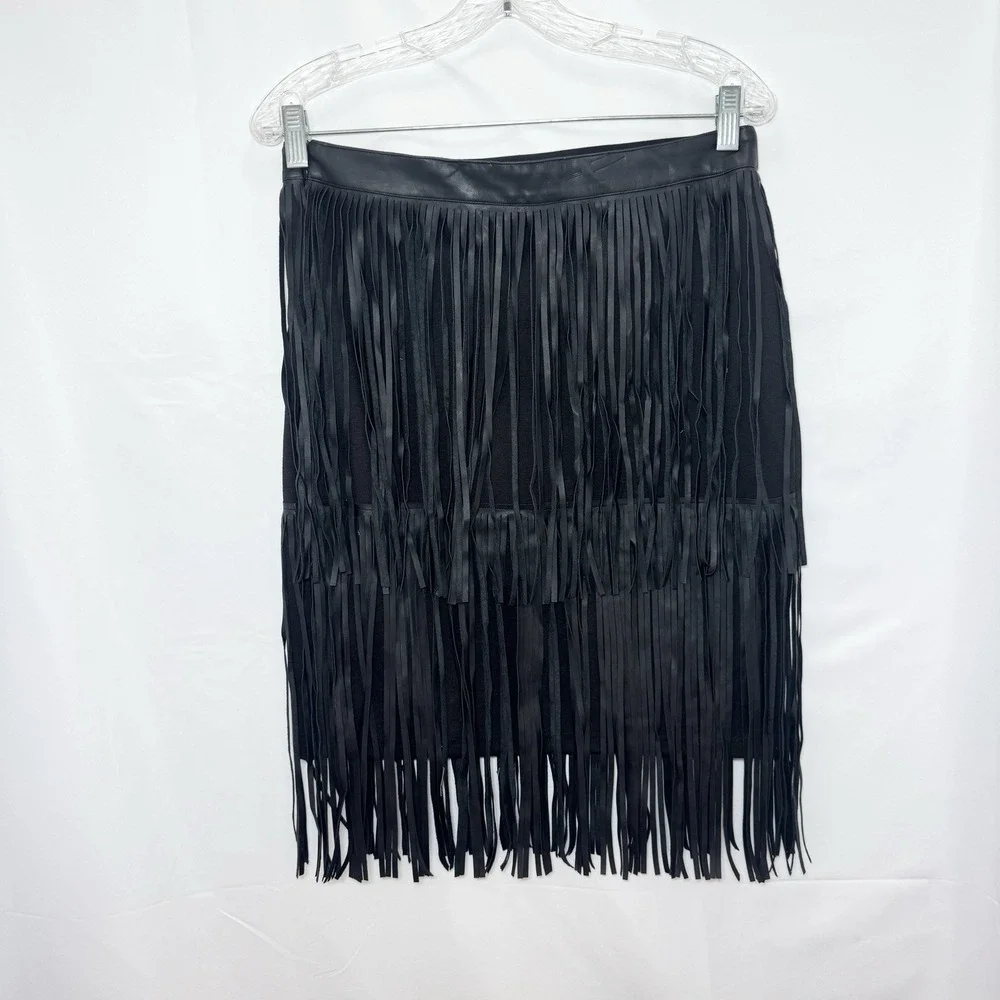 Womens Faux Leather Fringe Skirt Black Boho Western Festival Cowgirl Size 2 - Picture 3 of 9